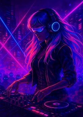 Cyberpunk DJ in Neon Cityscape