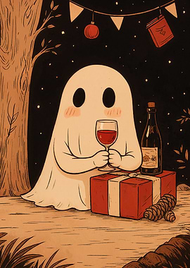 Cute Ghost with Wine and Gift