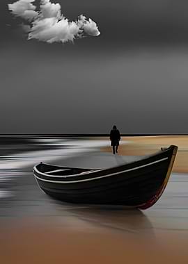 Solitary figure by boat on beach