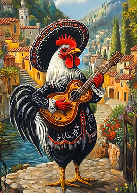 Mariachi Rooster with Guitar Painting