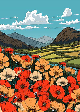 Floral Landscape with Mountains and Sky