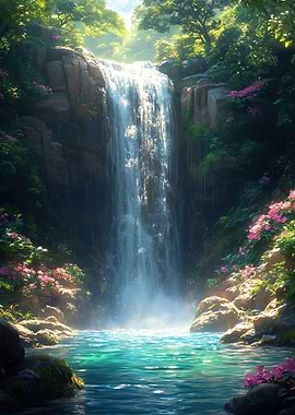 Lush Waterfall Scene with Pink Flowers