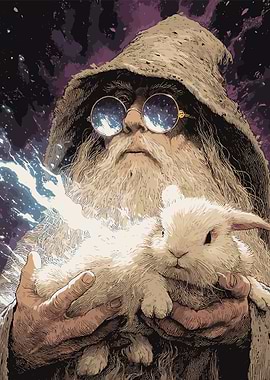 Wizard holding a rabbit with magic