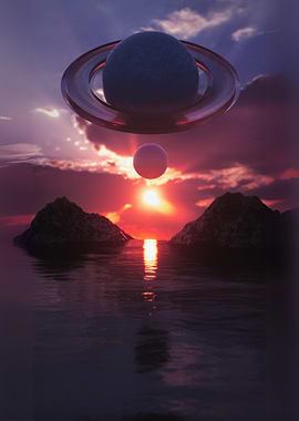 Planets over water at sunset