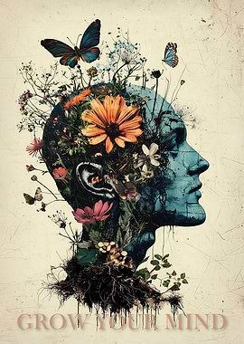 Grow Your Mind – Floral Human Head with Butterflies