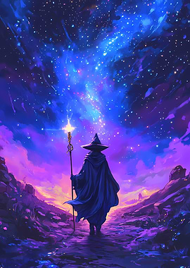 Wizard Walking Under a Star-Filled Sky with Glowing Staff