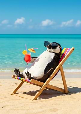 Penguin Relaxing on Beach with Cocktail