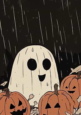 Halloween Ghost and Pumpkins in the Rain