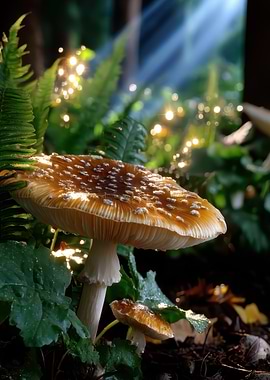 Mushroom in Forest with Fairy Lights