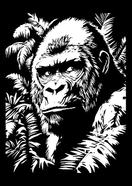 Gorilla in Jungle Black and White