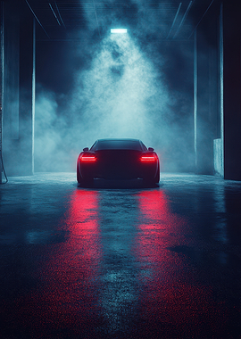 Car in Dark Garage with Fog