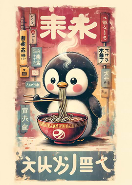 Penguin eating ramen in Japanese setting