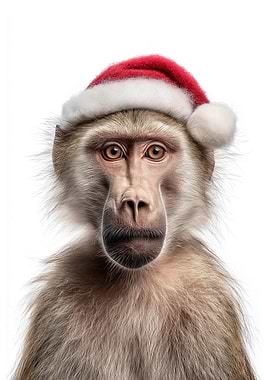 Christmas Baboon with Santa Hat Portrait