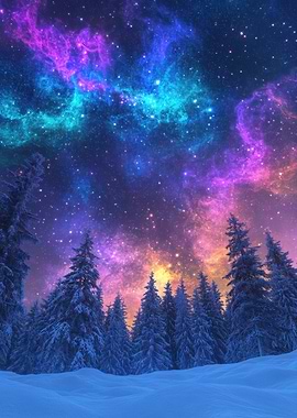 Galaxy Winter Night Sky with Snowy Trees