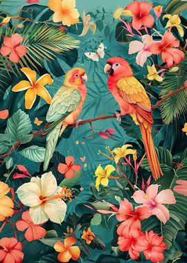 Tropical Birds and Hibiscus Flowers