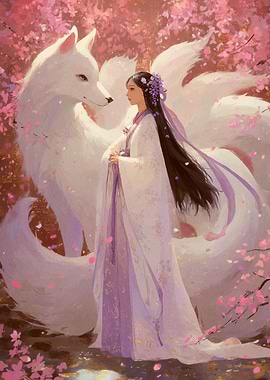 Woman and Nine-Tailed Fox in Blossom