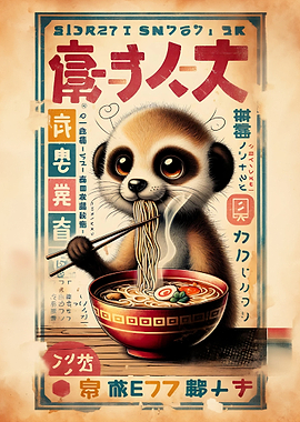 Meerkat Eating Ramen Japanese Style Poster