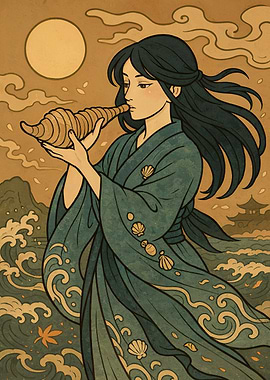 Woman with Conch Shell by the Sea