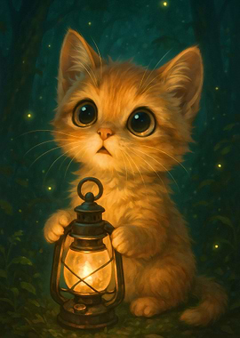 Cute Kitten with Lantern in Forest