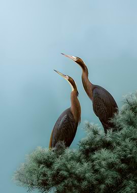 Blue Herons Print Japanese Bird Wall Art Wildlife Birds Sage Green Forest Painting japandi chinoiserie poster
