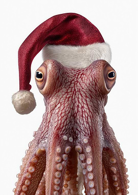 Christmas Octopus with Santa hat portrait
