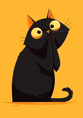 Cute Shocked Black Cat Funny Minimalist Art Illustration