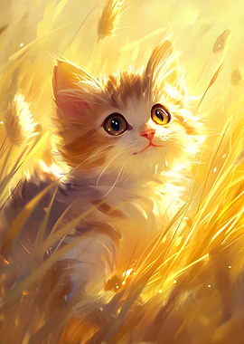 Adorable White Kitten Leaping in Golden Sunlight Through a Wheat Field - Heartwarming Cat Portrait Art