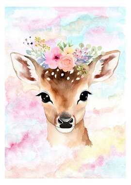 Watercolor Deer with Floral Crown