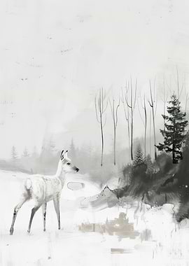 Deer in Winter Forest Painting
