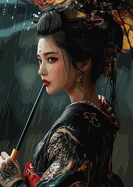 Geisha in Rain with Tattoos