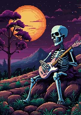 Skeleton Shreds: Pixel Art of a Pink Guitar Under an Orange Moon”