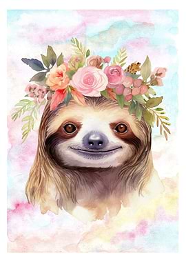 Sloth with Floral Crown Watercolor Painting
