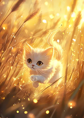 Adorable White Kitten Leaping in Golden Sunlight Through a Wheat Field - Heartwarming Cat Portrait Art