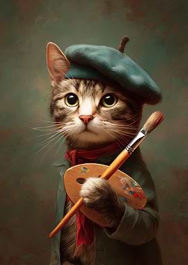 Cat Artist with Beret and Palette