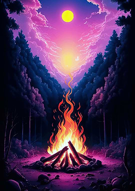 Campfire under surreal sky