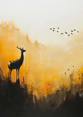 Deer in Golden Landscape Painting