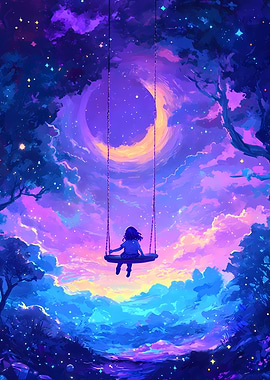 Girl on a Swing Under a Glowing Crescent Moon in a Magical Sky