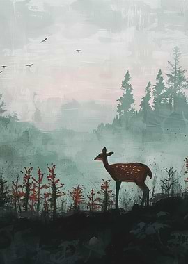 Deer in Misty Forest Painting