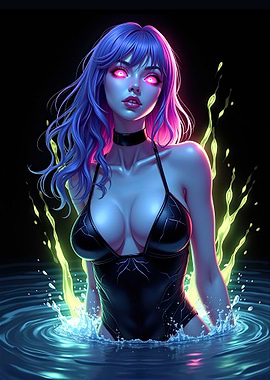Neon Abyss – Cyber Siren Rising from Liquid Light