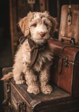 Puppy with Scarf on Vintage Suitcases