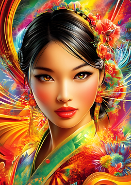 Colorful Asian Woman Portrait with Flowers
