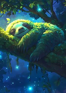 Moss-Covered Sloth Sleeping Peacefully in a Magical Forest