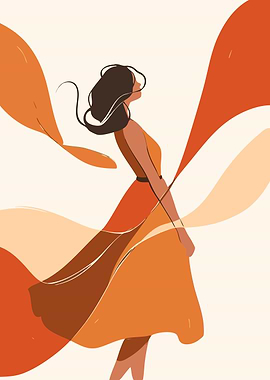 Woman Flowing Orange Dress Minimalist Pastel Beige Art Illustration Graphic