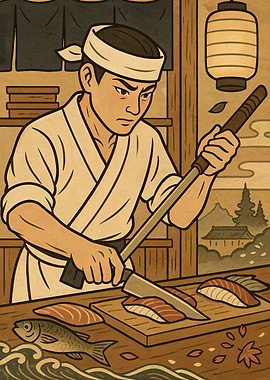 Sushi Chef Preparing Salmon Nigiri