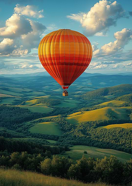 Hot Air Balloon Over Green Landscape