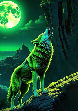 Green Wolf Howling Moon