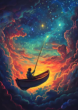 Fishing for Stars from a Boat in a Dreamy, Colorful Sky