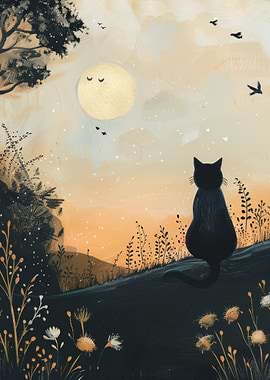Black Cat Gazing at the Moon