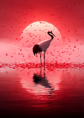 Red-crowned crane in a serene landscape
