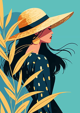 Autumn Straw Hat Woman in Dress Minimalist Art Illustration Boho